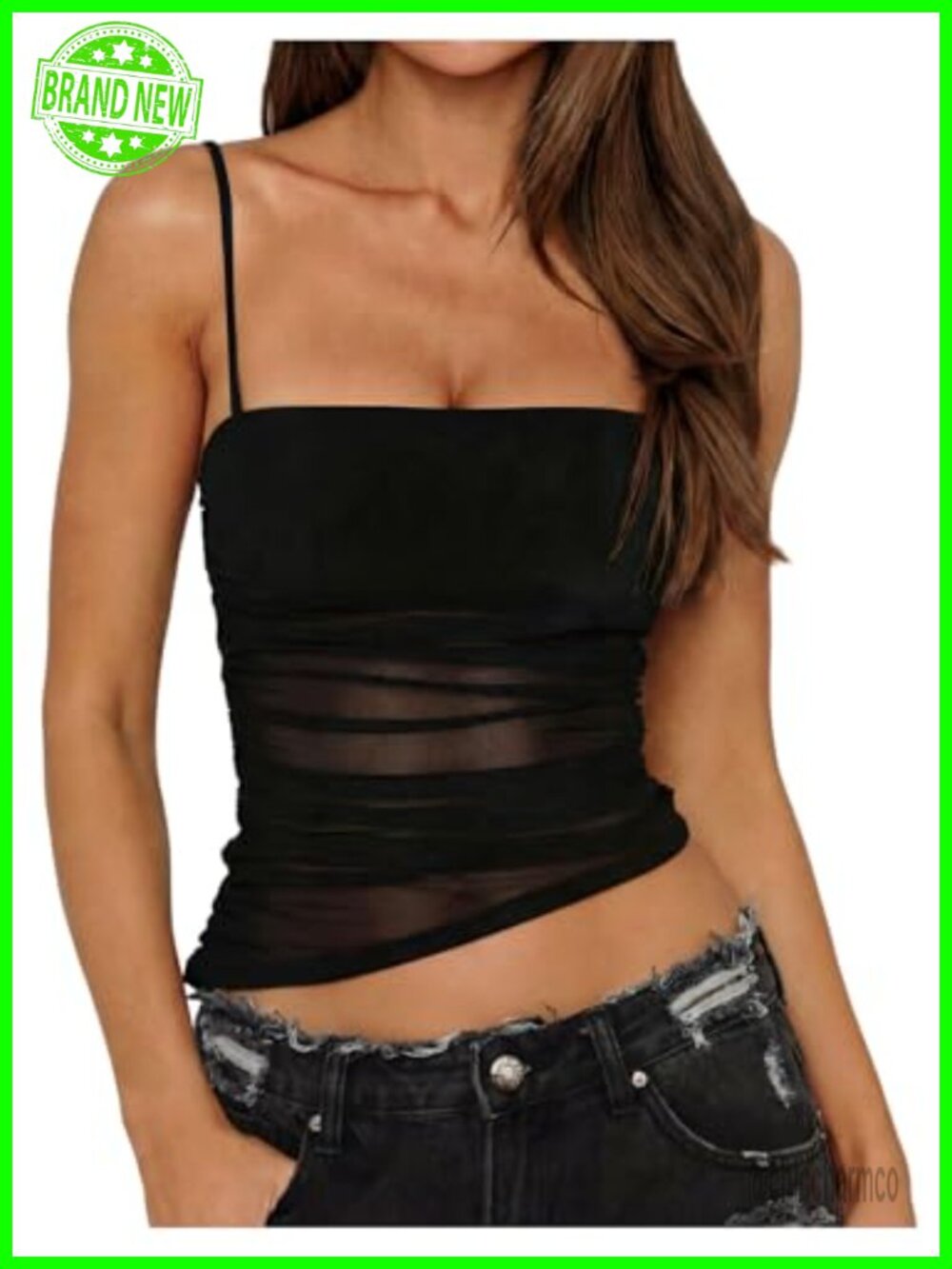 Women's Mesh Sheer Ruched Crop Camisole Asymmetrical Party Top